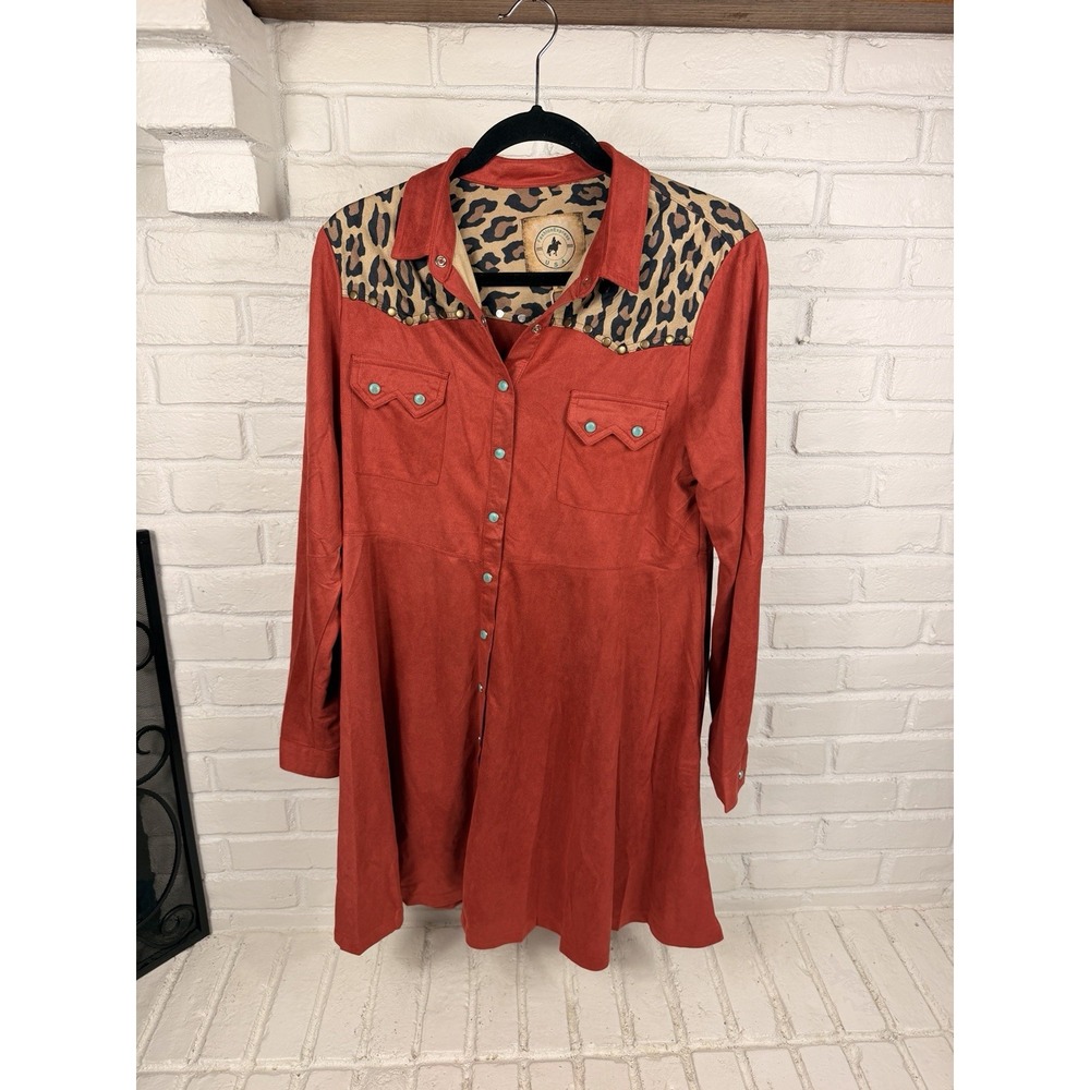 Fashion Express XL Rust Faux Suede Leopard Studded Western Shirt Dress NWT